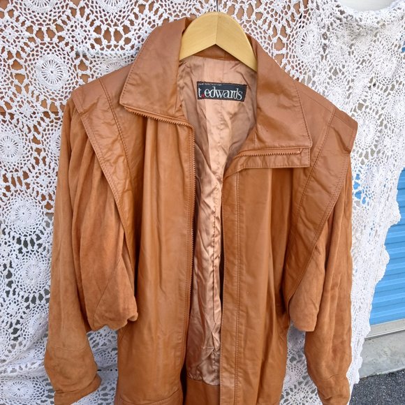 Vintage 80s T Edwards Leather Jacket Flare Shoulders Pockets Lined Cognic - Picture 6 of 10